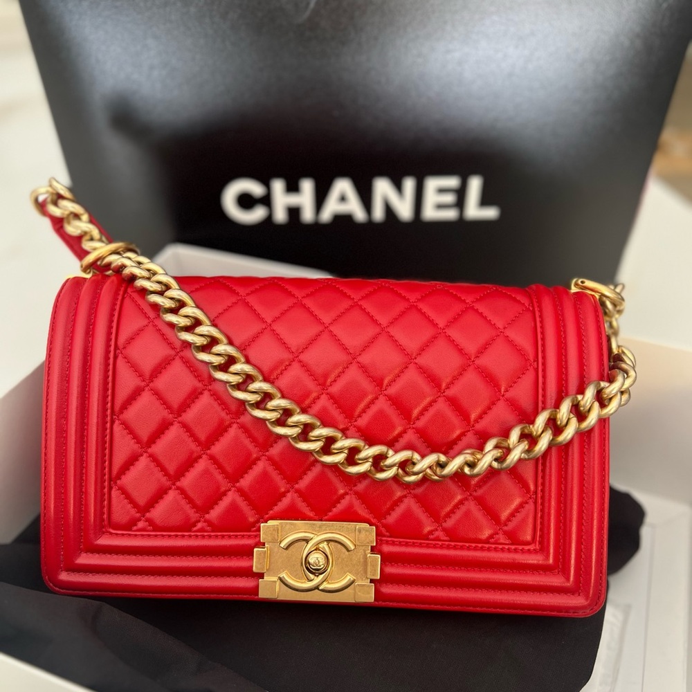 Chanel Boy Red Quilted Crossbody flap Bag with Gold Chain